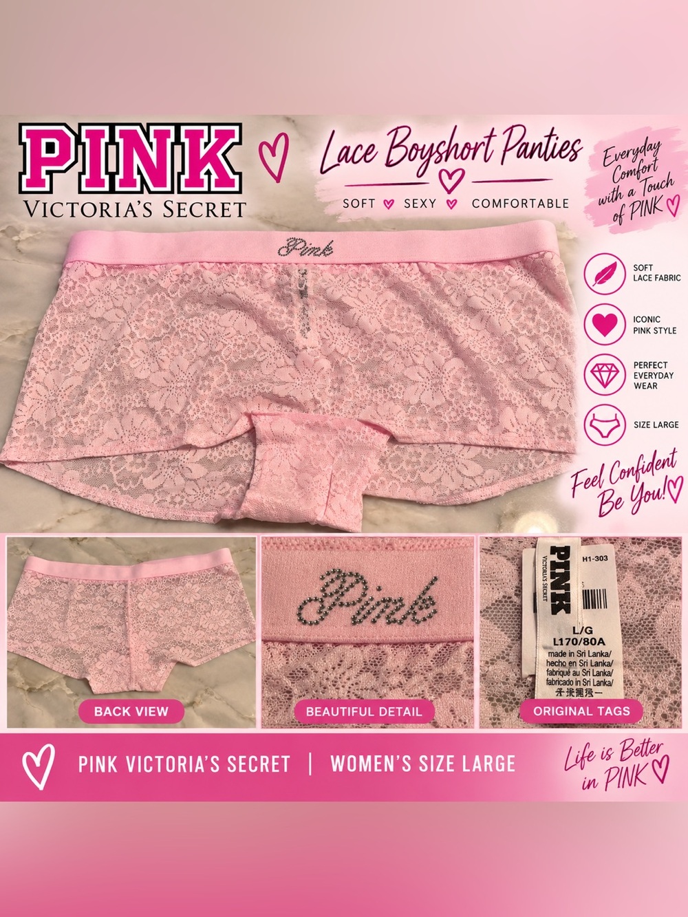 PINK Victoria's Secret Light Pink Lace Boyshort SIZE LARGE